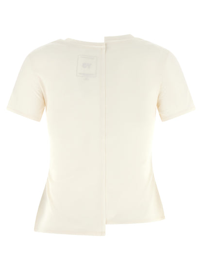 Activewear T-Shirt by Y-3 for women in cotton white presents a kinetic silhouette, showcasing the kinetic and split neckline alongside functional for a premium, athletic look.