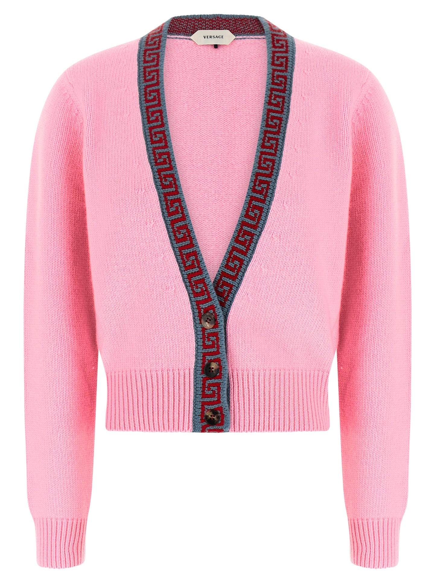 Cardigan by Versace for women in cashmere virgin wool multicolor, pink & jacquard features an crisp silhouette, showcasing a sophisticated v-neck neckline and detail for a truly crisp finish.
