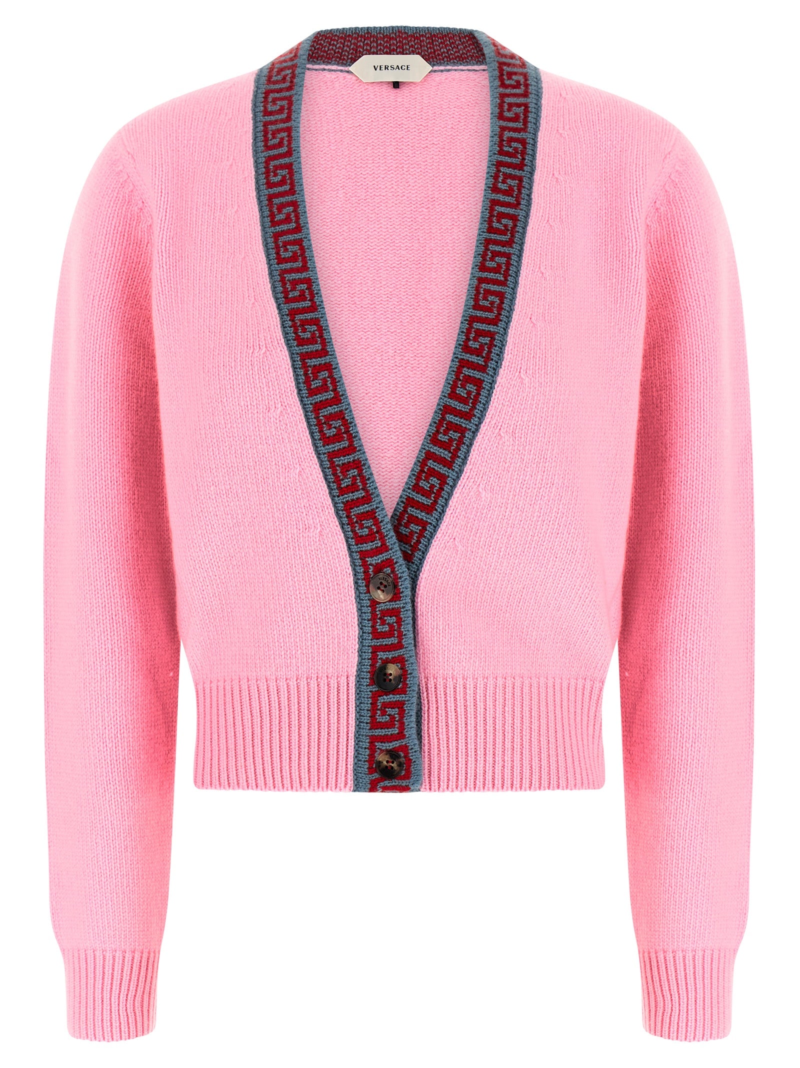 Cardigan by Versace for women in cashmere virgin wool multicolor, pink & jacquard features an crisp silhouette, showcasing a sophisticated v-neck neckline and detail for a truly crisp finish.