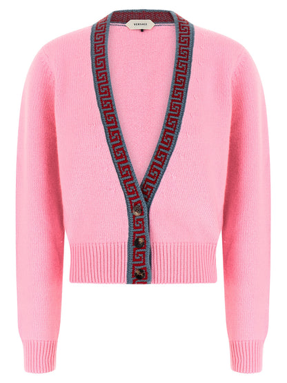 Cardigan by Versace for women in cashmere virgin wool multicolor, pink & jacquard features an crisp silhouette, showcasing a sophisticated v-neck neckline and detail for a truly crisp finish.