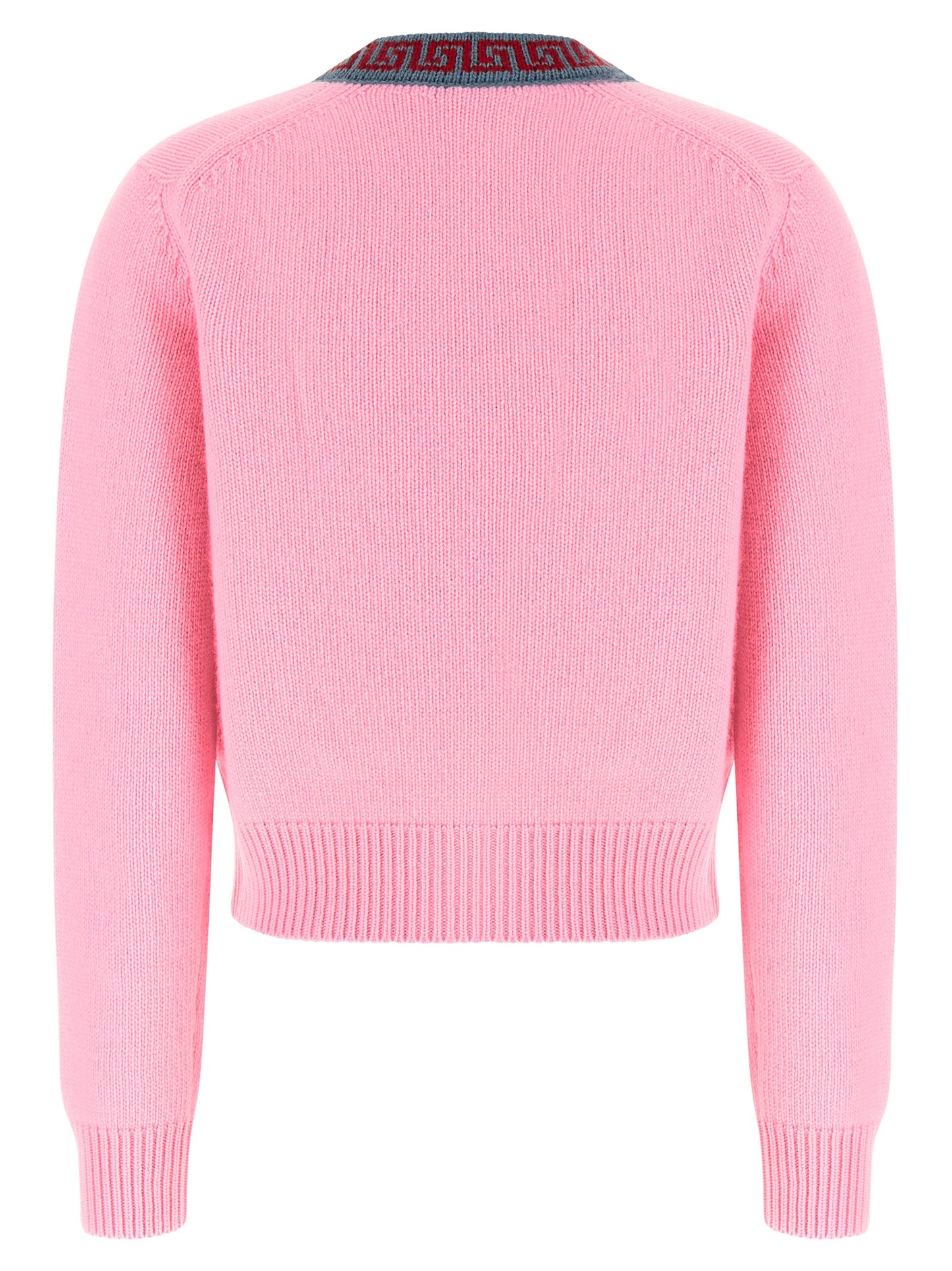 Cardigan by Versace for women in cashmere virgin wool multicolor, pink & jacquard features an impeccable silhouette, showcasing a sophisticated v-neck neckline and detail for a truly impeccable finish.