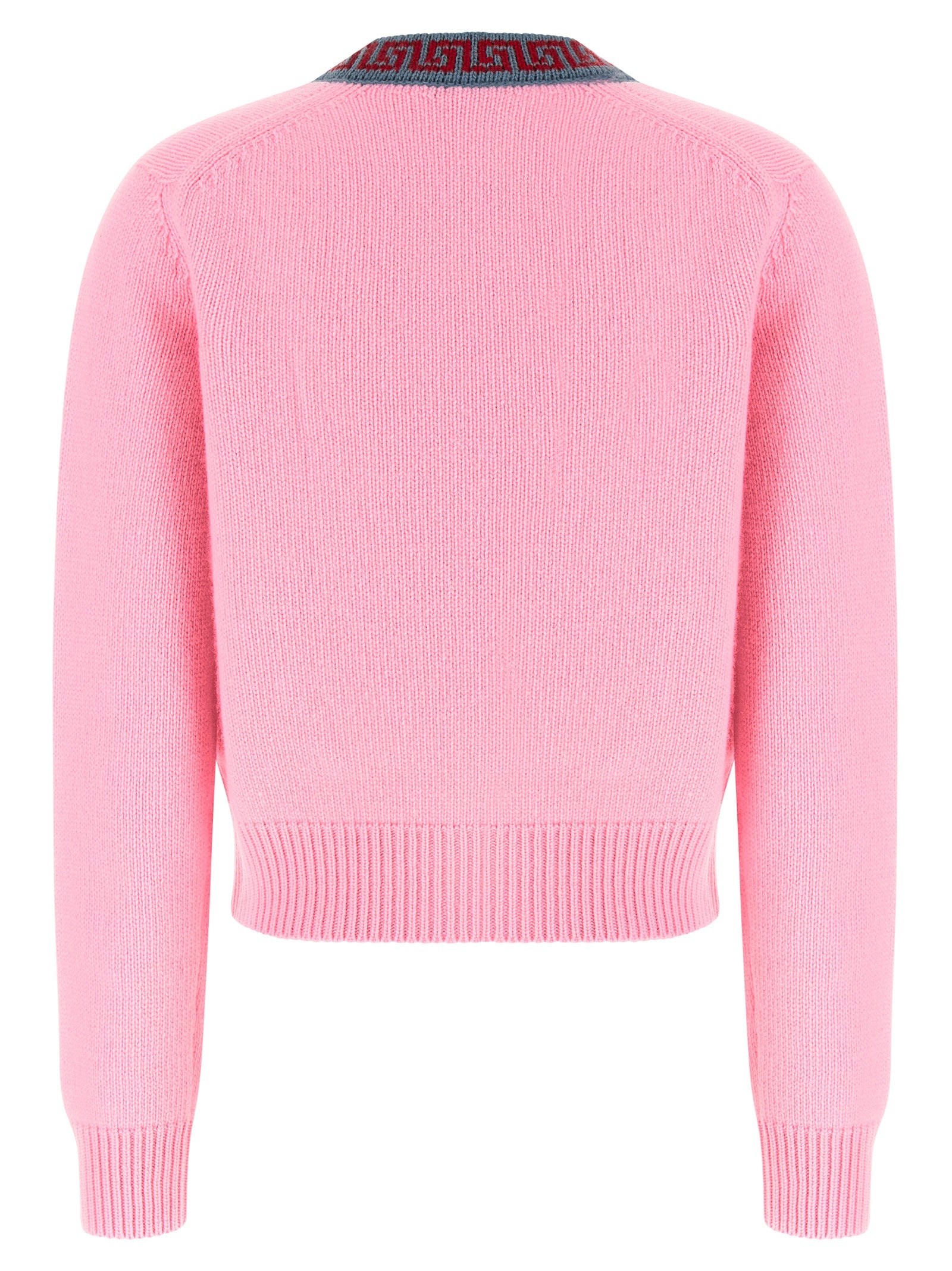 Cardigan by Versace for women in cashmere virgin wool multicolor, pink & jacquard features an impeccable silhouette, showcasing a sophisticated v-neck neckline and detail for a truly impeccable finish.