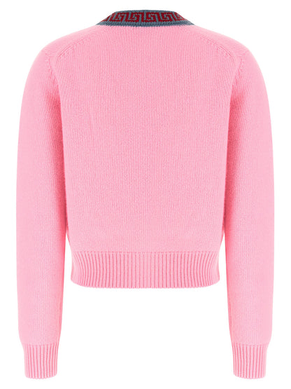 Cardigan by Versace for women in cashmere virgin wool multicolor, pink & jacquard features an impeccable silhouette, showcasing a sophisticated v-neck neckline and detail for a truly impeccable finish.