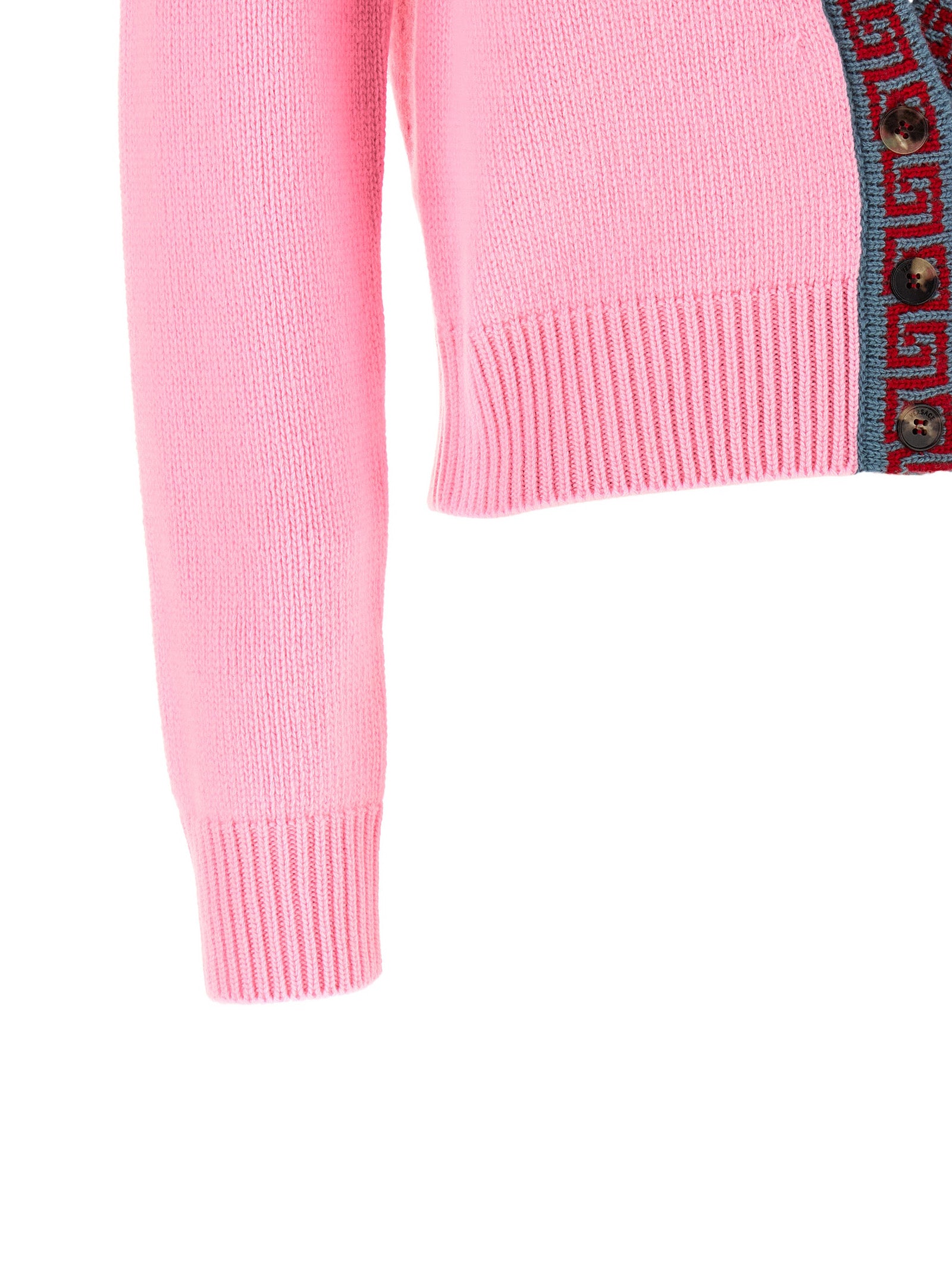 Cardigan by Versace for women in cashmere virgin wool multicolor, pink & jacquard features a dramatic silhouette, showcasing a sophisticated and dramatic detail for a timeless, premium look.