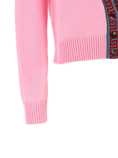 Cardigan by Versace for women in cashmere virgin wool multicolor, pink & jacquard features a dramatic silhouette, showcasing a sophisticated and dramatic detail for a timeless, premium look.