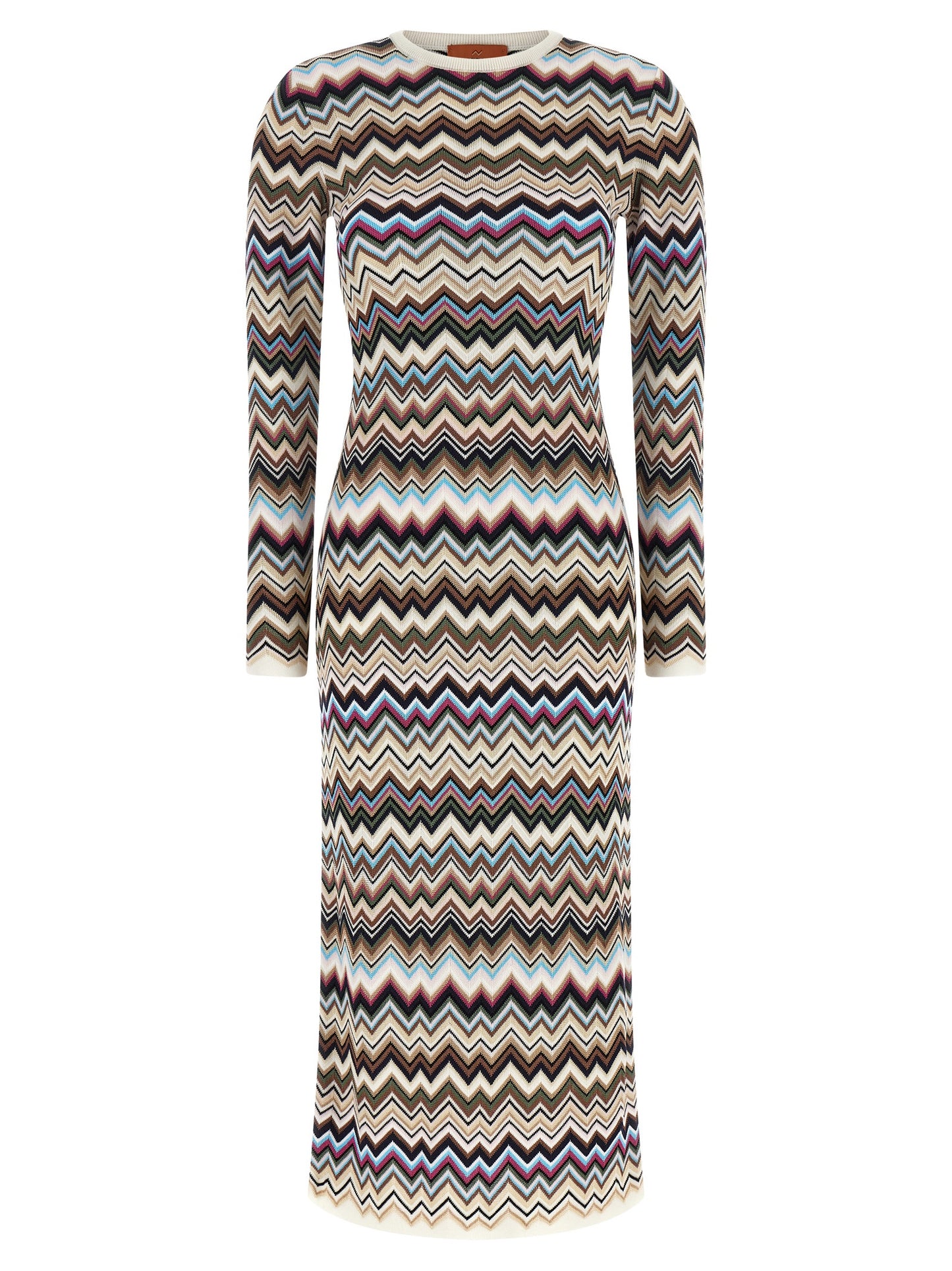 Dress by Missoni for women in polyester viscose wool multicolor, patterned, chevron & signature features an eye catching silhouette with a sophisticated round neckline, elegant long-sleeve, and a refined midi for a eye catching aesthetic.