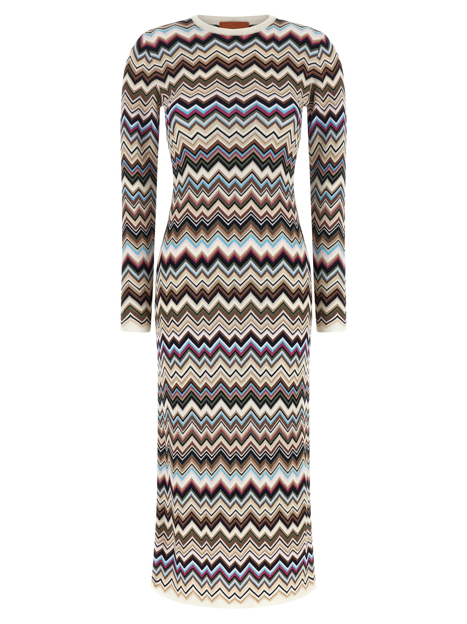 Dress by Missoni for women in polyester viscose wool multicolor, patterned, chevron & signature features an eye catching silhouette with a sophisticated round neckline, elegant long-sleeve, and a refined midi for a eye catching aesthetic.