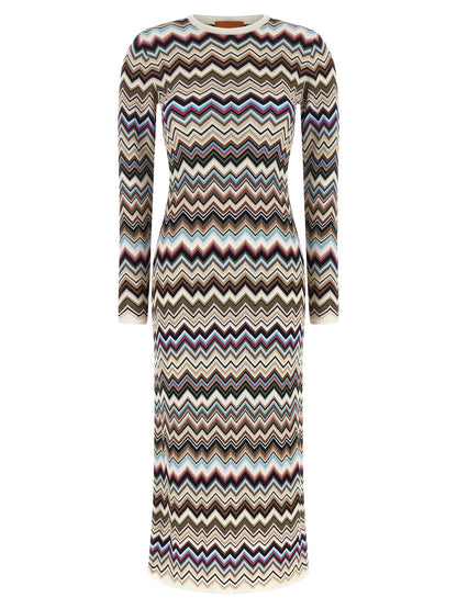 Dress by Missoni for women in polyester viscose wool multicolor, patterned, chevron & signature features an eye catching silhouette with a sophisticated round neckline, elegant long-sleeve, and a refined midi for a eye catching aesthetic.