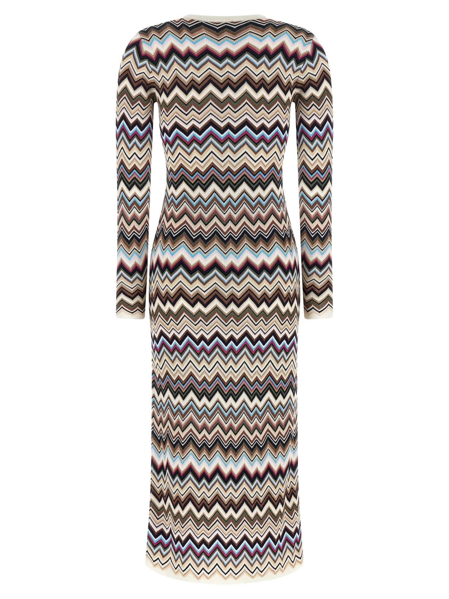 Dress by Missoni for women in polyester viscose wool multicolor, patterned, chevron & signature presents a sinuous silhouette, showcasing a sophisticated round neckline and detailed with a sinuous midi for a refined finish.