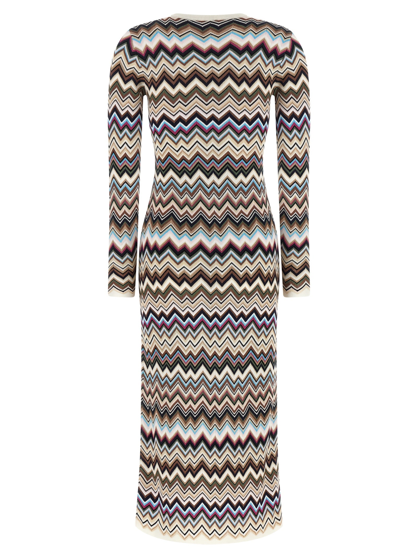 Dress by Missoni for women in polyester viscose wool multicolor, patterned, chevron & signature presents a sinuous silhouette, showcasing a sophisticated round neckline and detailed with a sinuous midi for a refined finish.