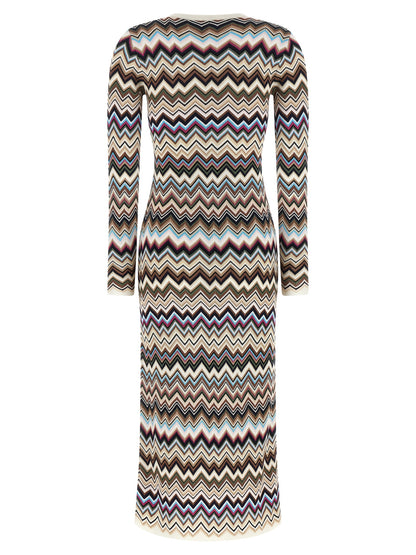 Dress by Missoni for women in polyester viscose wool multicolor, patterned, chevron & signature presents a sinuous silhouette, showcasing a sophisticated round neckline and detailed with a sinuous midi for a refined finish.