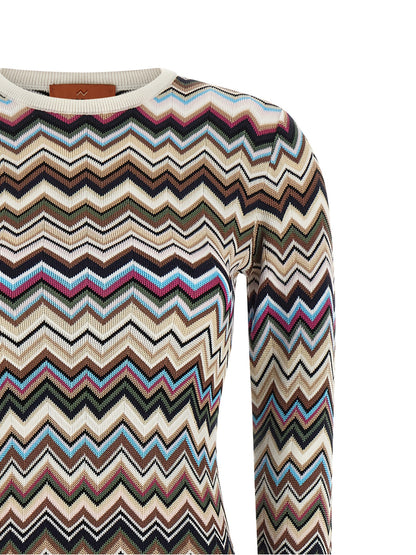 Dress by Missoni for women in polyester viscose wool multicolor, patterned, chevron & signature features a dramatic silhouette, showcasing an elegant round neckline and that flows into a dramatic midi.