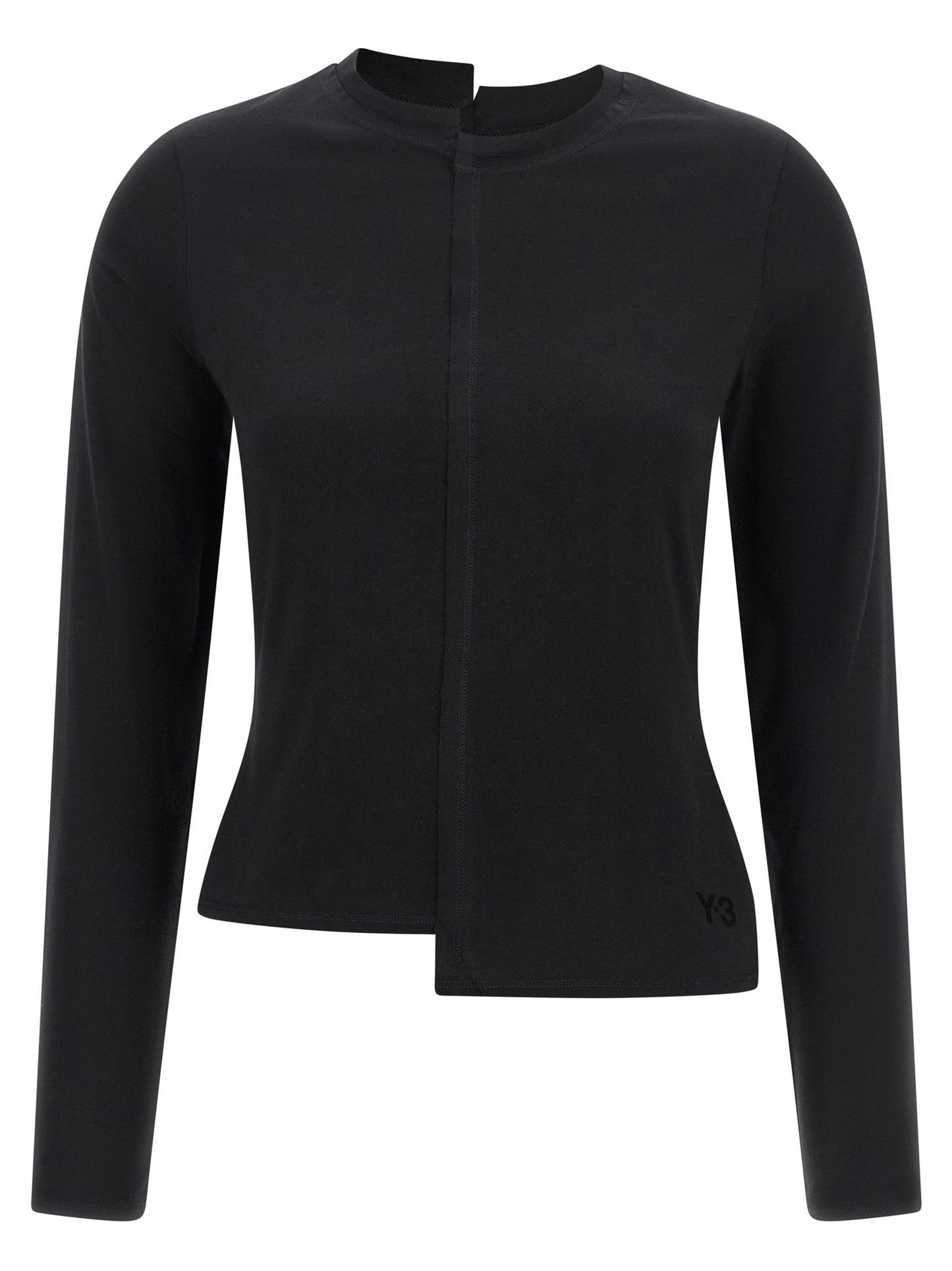 T-Shirt by Y-3 for women in cotton black showcases a unassuming silhouette, artfully detailed with a refined split neckline and unassuming long-sleeve for a sophisticated, contemporary look.