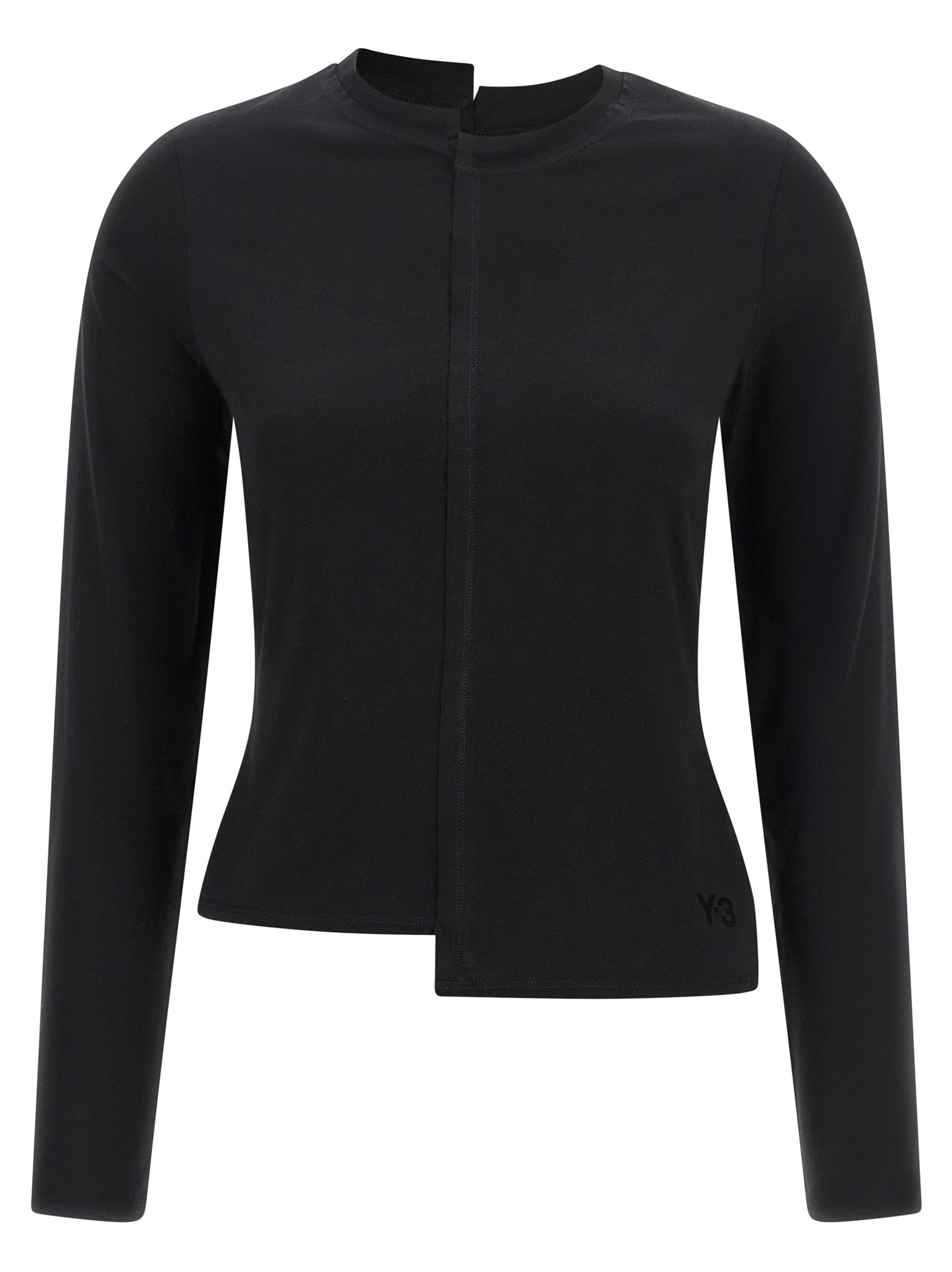 T-Shirt by Y-3 for women in cotton black showcases a unassuming silhouette, artfully detailed with a refined split neckline and unassuming long-sleeve for a sophisticated, contemporary look.