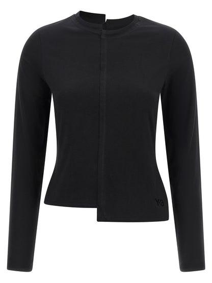 T-Shirt by Y-3 for women in cotton black showcases a unassuming silhouette, artfully detailed with a refined split neckline and unassuming long-sleeve for a sophisticated, contemporary look.