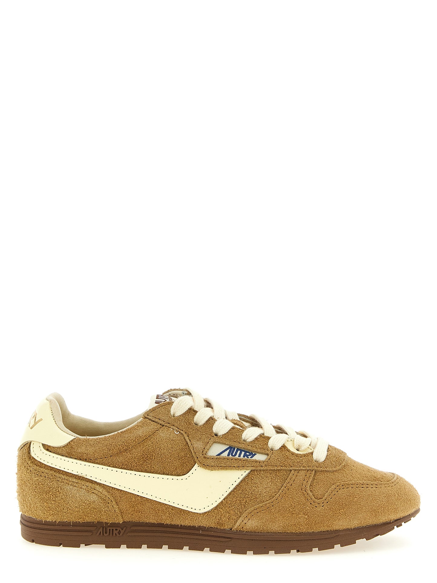 Athletic Sneakers by Autry for women in nylon & cowhide suede leather brown & signature showcases a architectural silhouette, artfully capturing the essence of the Women's Low Top Nylon & Cowhide Suede Leather Athletic Sneakers with its signature architectural low-top style construction.