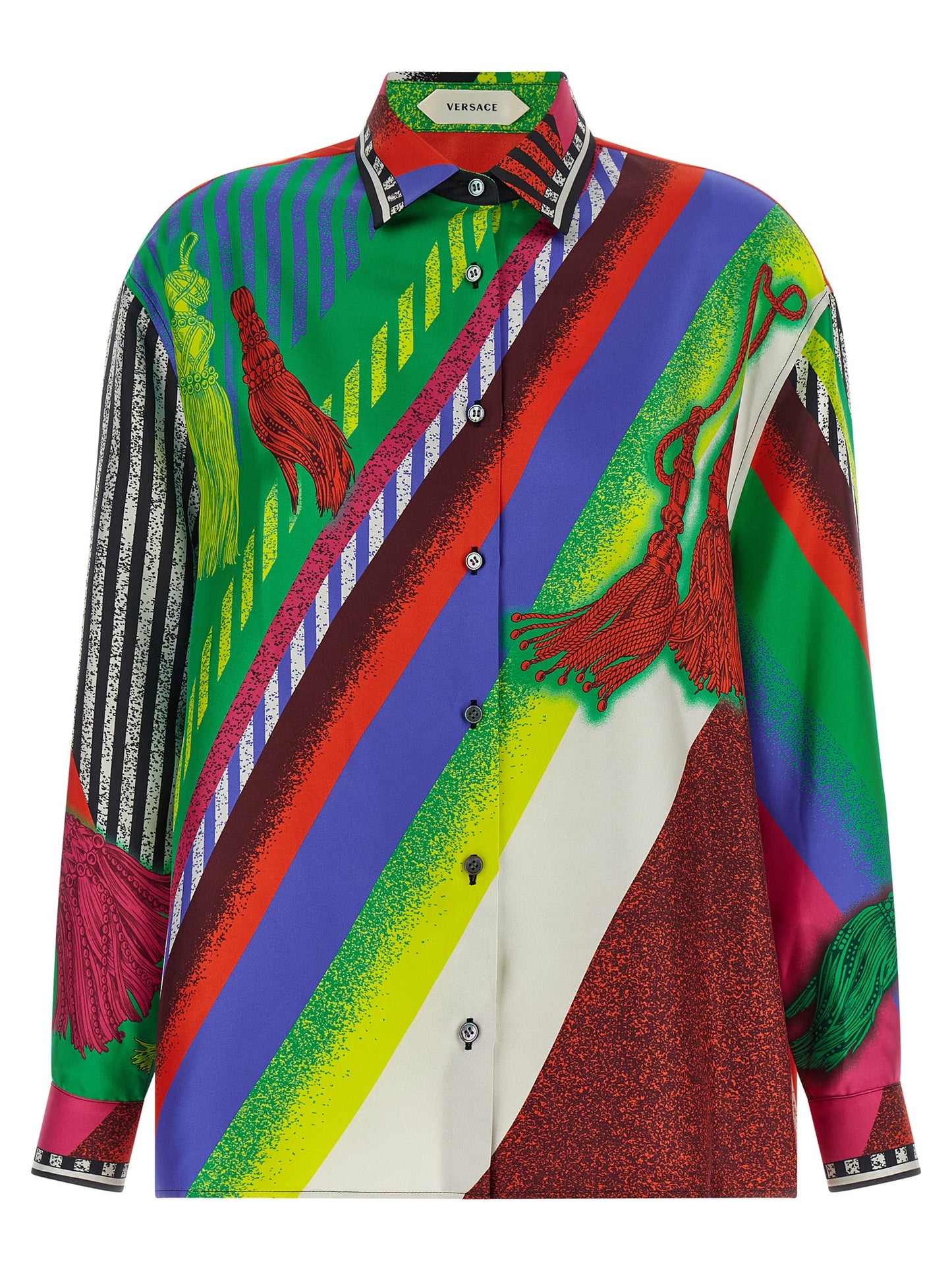 Blouse by Versace for women in silk twill gold, multicolor, patterned, print & striped showcases a sleek silhouette, elegantly detailed with a sleek and for a sleek finish.