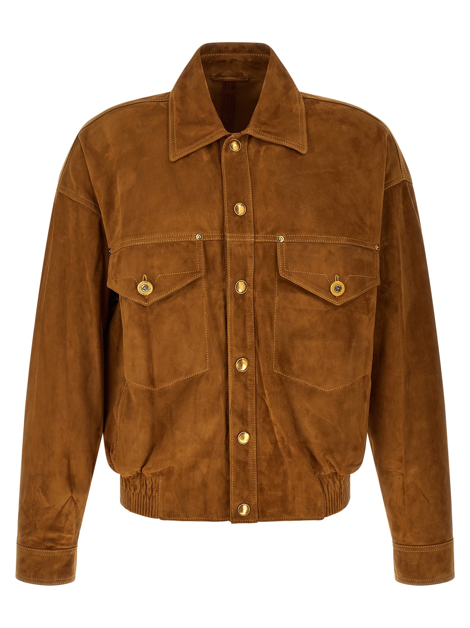 This Jacket by Versace for men in suede lamb leather brown & gold showcases a magnificent silhouette, meticulously crafted with a distinctive and functional pockets for a magnificent finish.