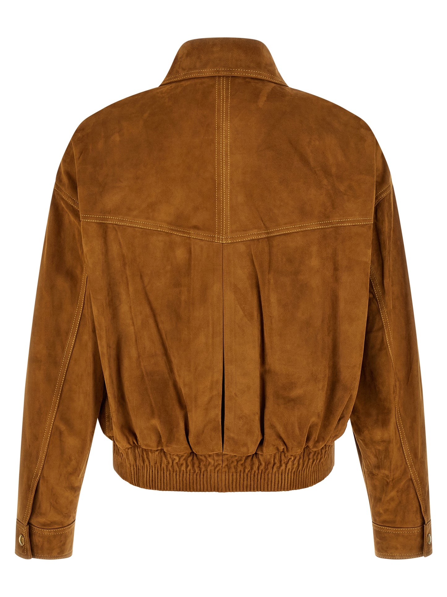 Jacket by Versace for men in suede lamb leather brown & gold features an utilitarian silhouette with a refined , showcasing sophisticated pockets for an utilitarian aesthetic.