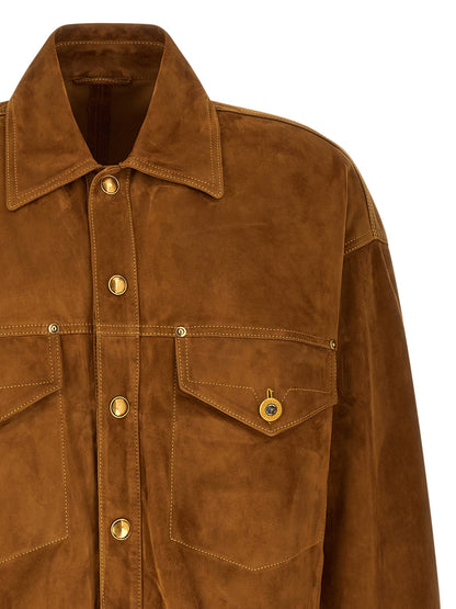 Jacket by Versace for men in suede lamb leather brown & gold showcases a enveloping silhouette, artfully detailed with a enveloping and premium pockets for a truly enveloping finish.