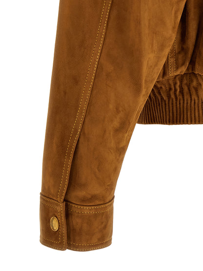 Jacket by Versace for men in suede lamb leather brown & gold features a smart silhouette, perfectly accentuated by its unique and functional pockets for a smart finish.