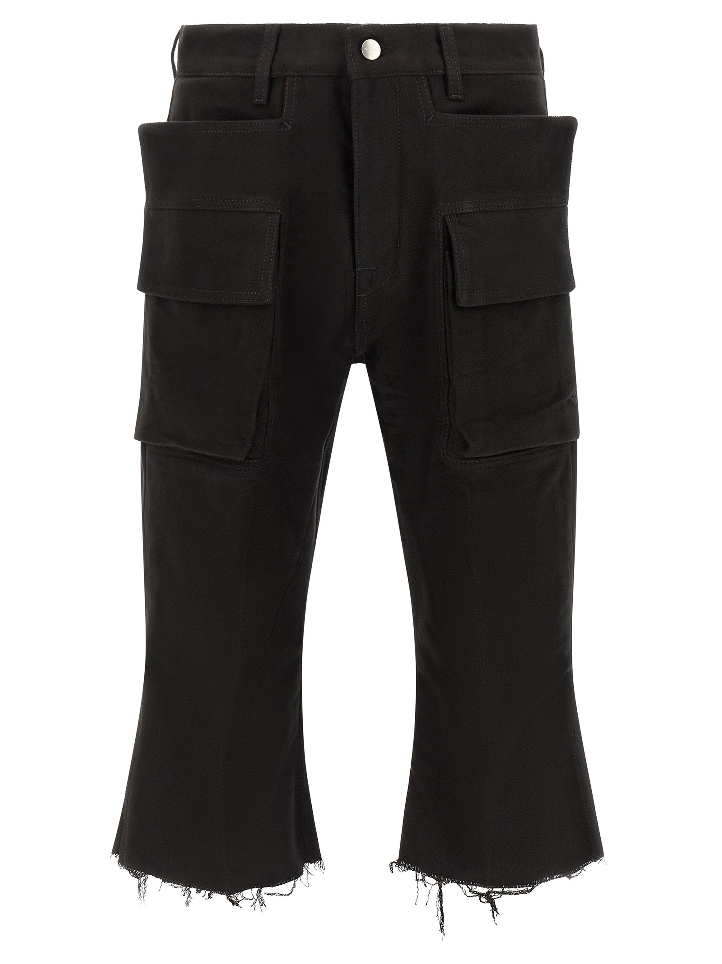 Cargo Pants by Rick Owens for men in cotton black & silver features a sartorial silhouette, showcasing a sophisticated flared & slim with a refined long and elegant .