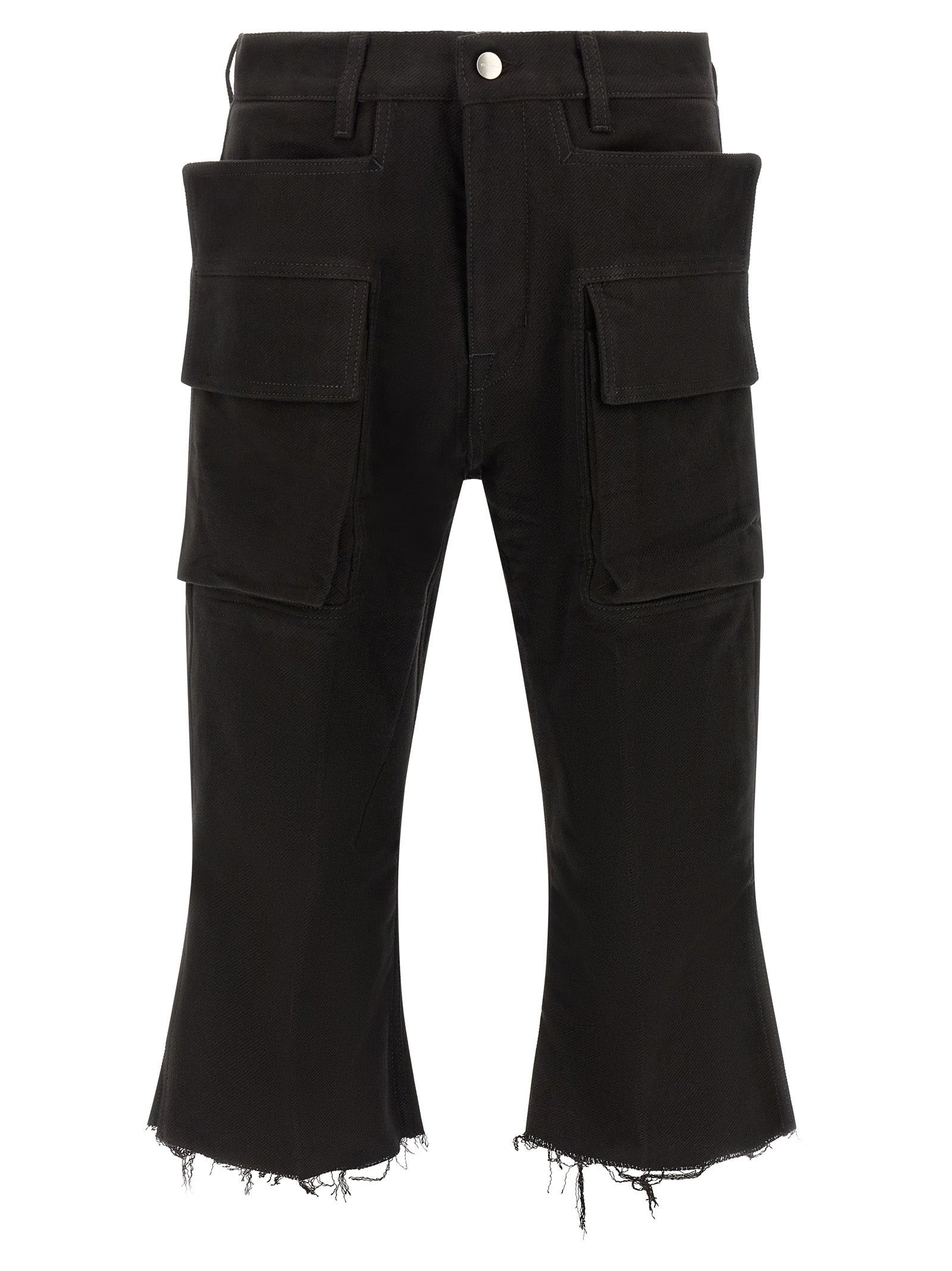 Cargo Pants by Rick Owens for men in cotton black & silver features a sartorial silhouette, showcasing a sophisticated flared & slim with a refined long and elegant .