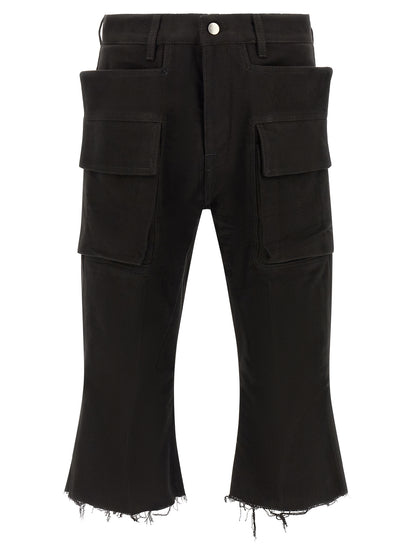 Cargo Pants by Rick Owens for men in cotton black & silver features a sartorial silhouette, showcasing a sophisticated flared & slim with a refined long and elegant .