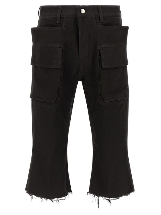 Cargo Pants by Rick Owens for men in cotton black & silver features a sartorial silhouette, showcasing a sophisticated flared & slim with a refined long and elegant .