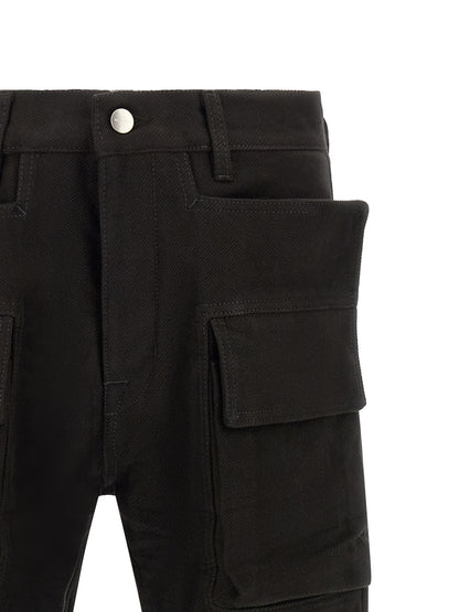 Cargo Pants by Rick Owens for men in cotton black & silver features an tailored flared & slim with a and long, creating a tailored utilitarian silhouette.