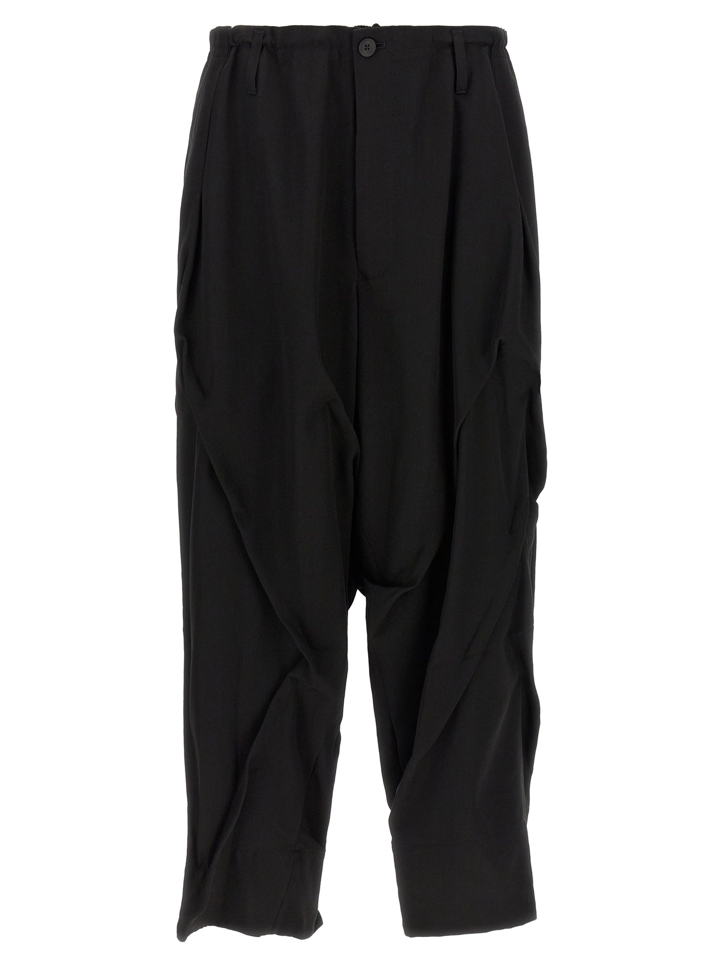 Casual Pants by Yohji Yamamoto for men in wool black presents a tailored silhouette, showcasing a tailored wide and long cut with a refined for a truly tailored aesthetic.