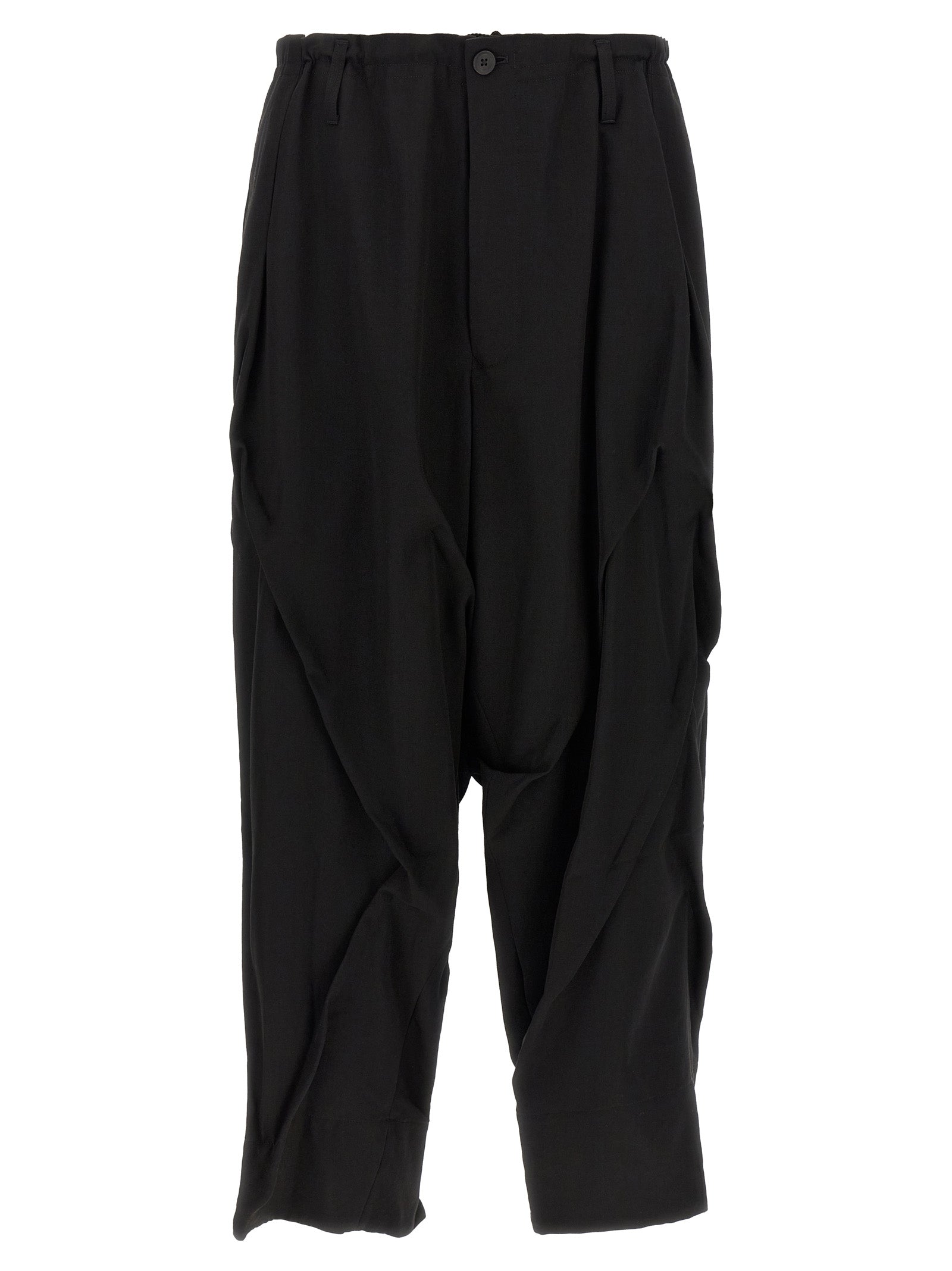 Casual Pants by Yohji Yamamoto for men in wool black presents a tailored silhouette, showcasing a tailored wide and long cut with a refined for a truly tailored aesthetic.
