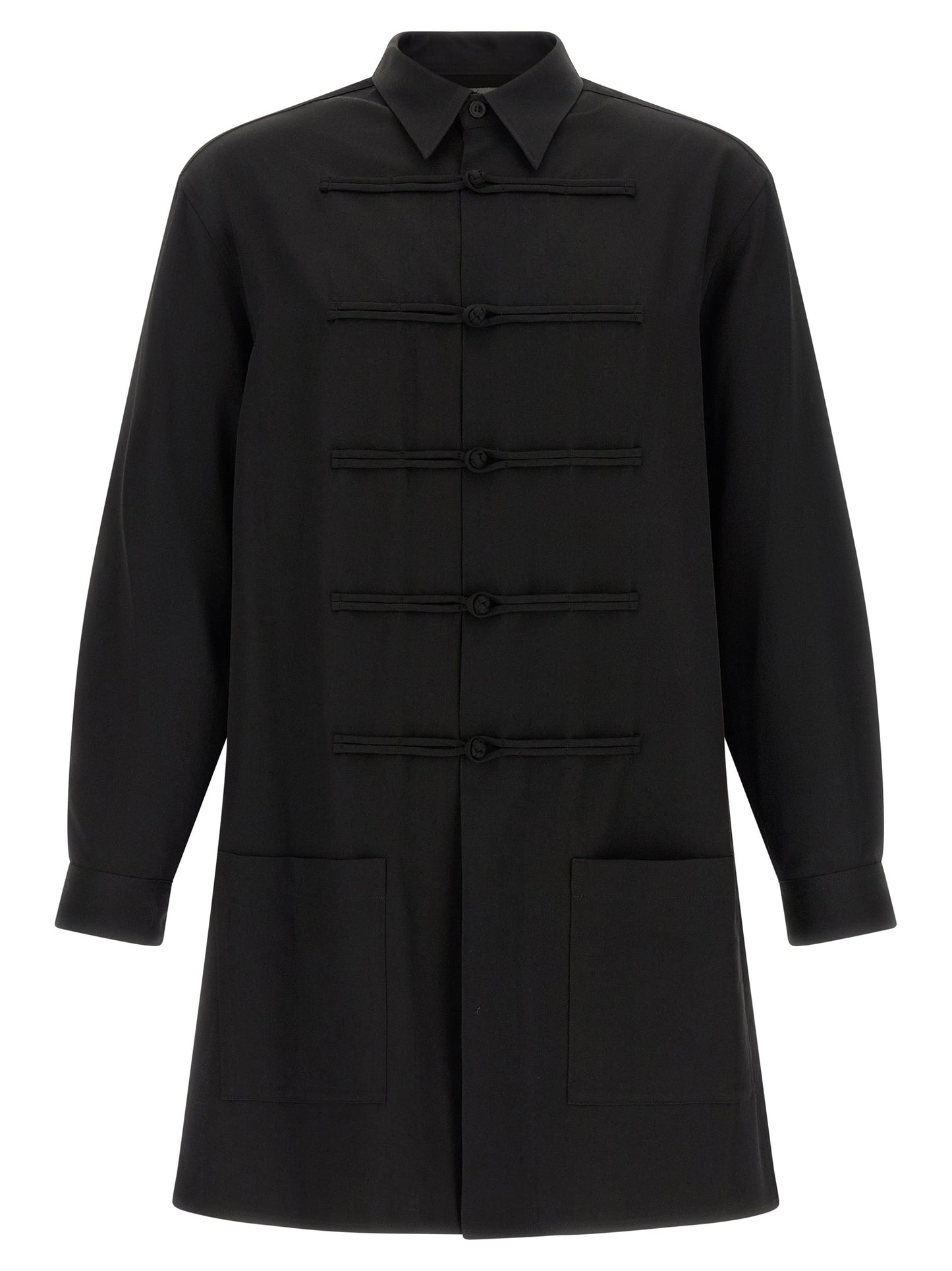 Shirt by Yohji Yamamoto for men in wool black presents a discerning silhouette, showcasing a sophisticated and for a truly discerning finish.