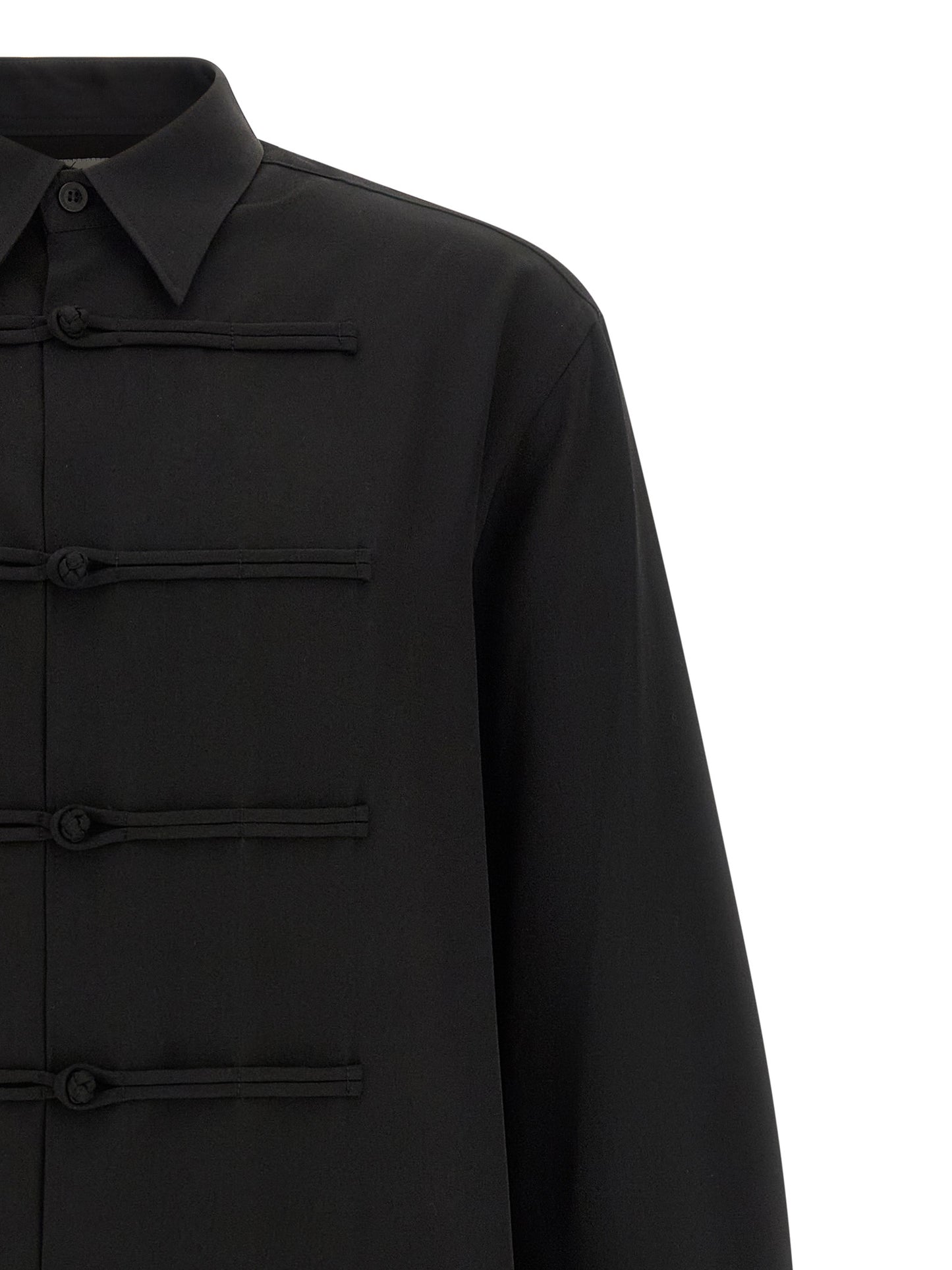 Shirt by Yohji Yamamoto for men in wool black showcases a sharp silhouette, elegantly detailed with a sharp and sharp .