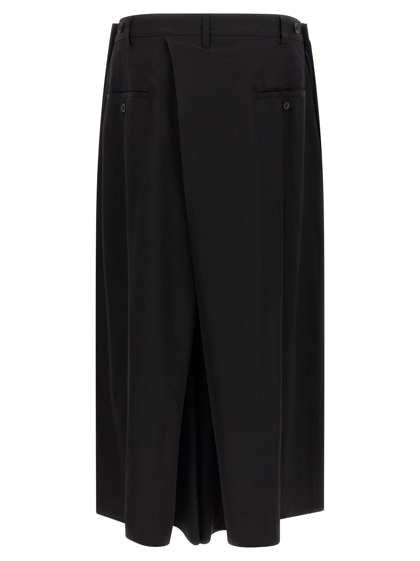 Trousers by Yohji Yamamoto for men in wool black features a artisanal silhouette, showcasing a sophisticated wide with a long and for a artisanal finish.