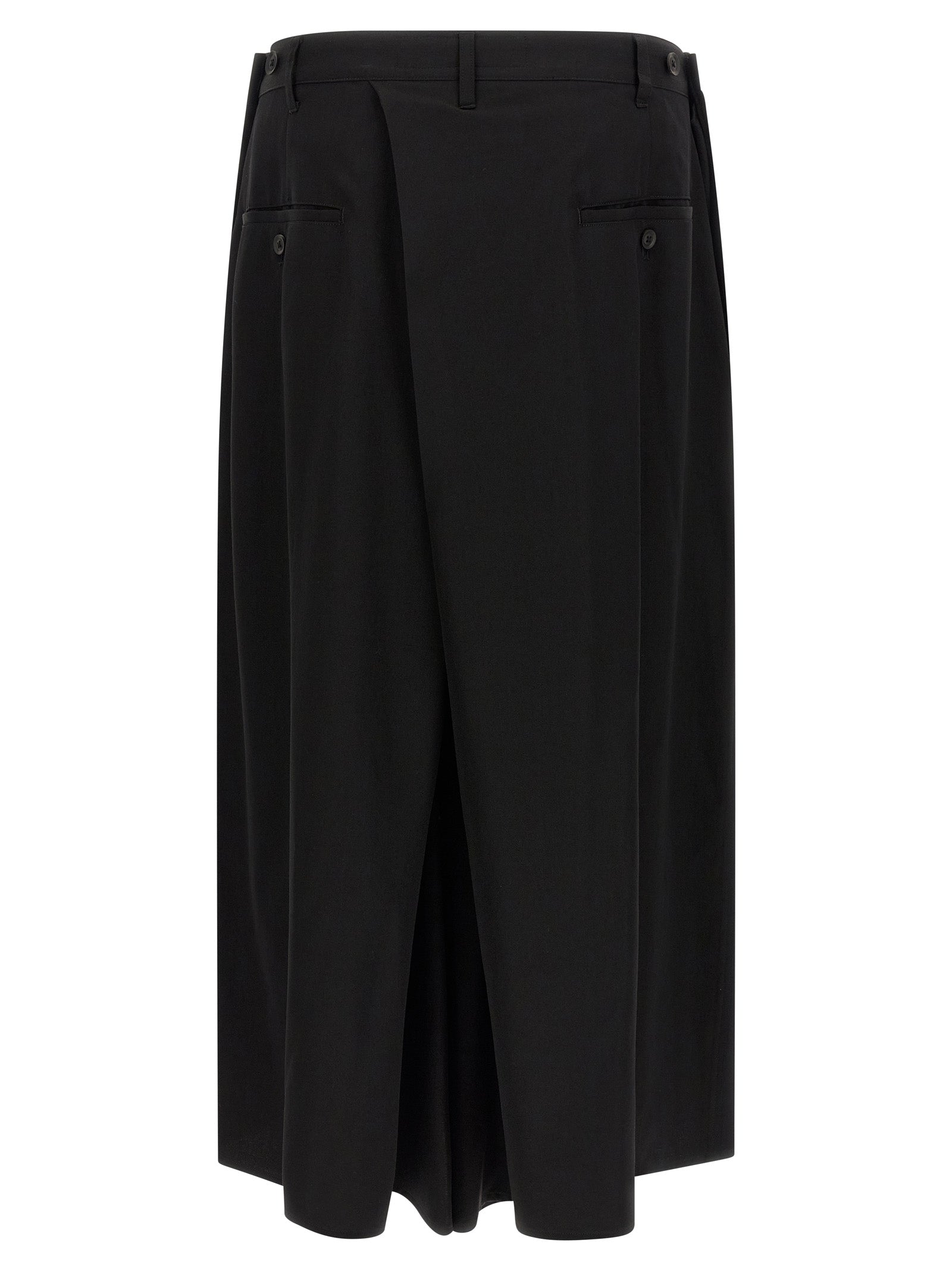 Trousers by Yohji Yamamoto for men in wool black features a artisanal silhouette, showcasing a sophisticated wide with a long and for a artisanal finish.