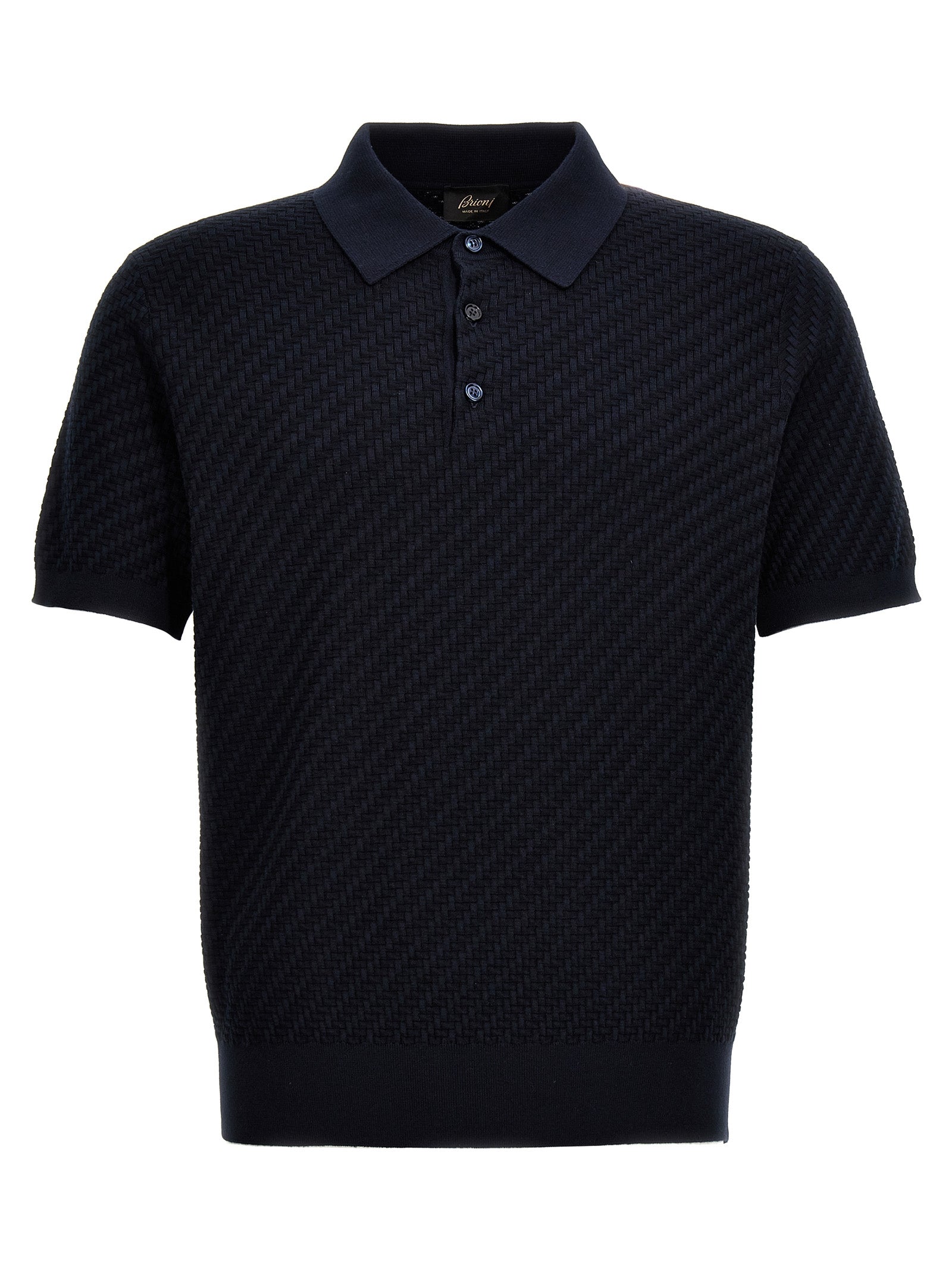 Polo Shirt by Brioni for men in cashmere cotton & silk blue presents a sleek silhouette, featuring a refined and short-sleeve for a sleek finish.