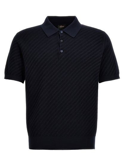 Polo Shirt by Brioni for men in cashmere cotton & silk blue presents a sleek silhouette, featuring a refined and short-sleeve for a sleek finish.