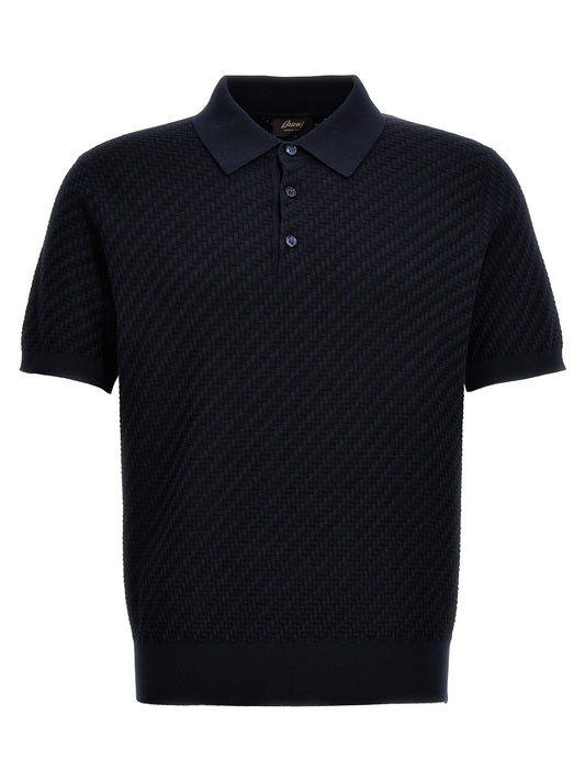 Polo Shirt by Brioni for men in cashmere cotton & silk blue presents a sleek silhouette, featuring a refined and short-sleeve for a sleek finish.