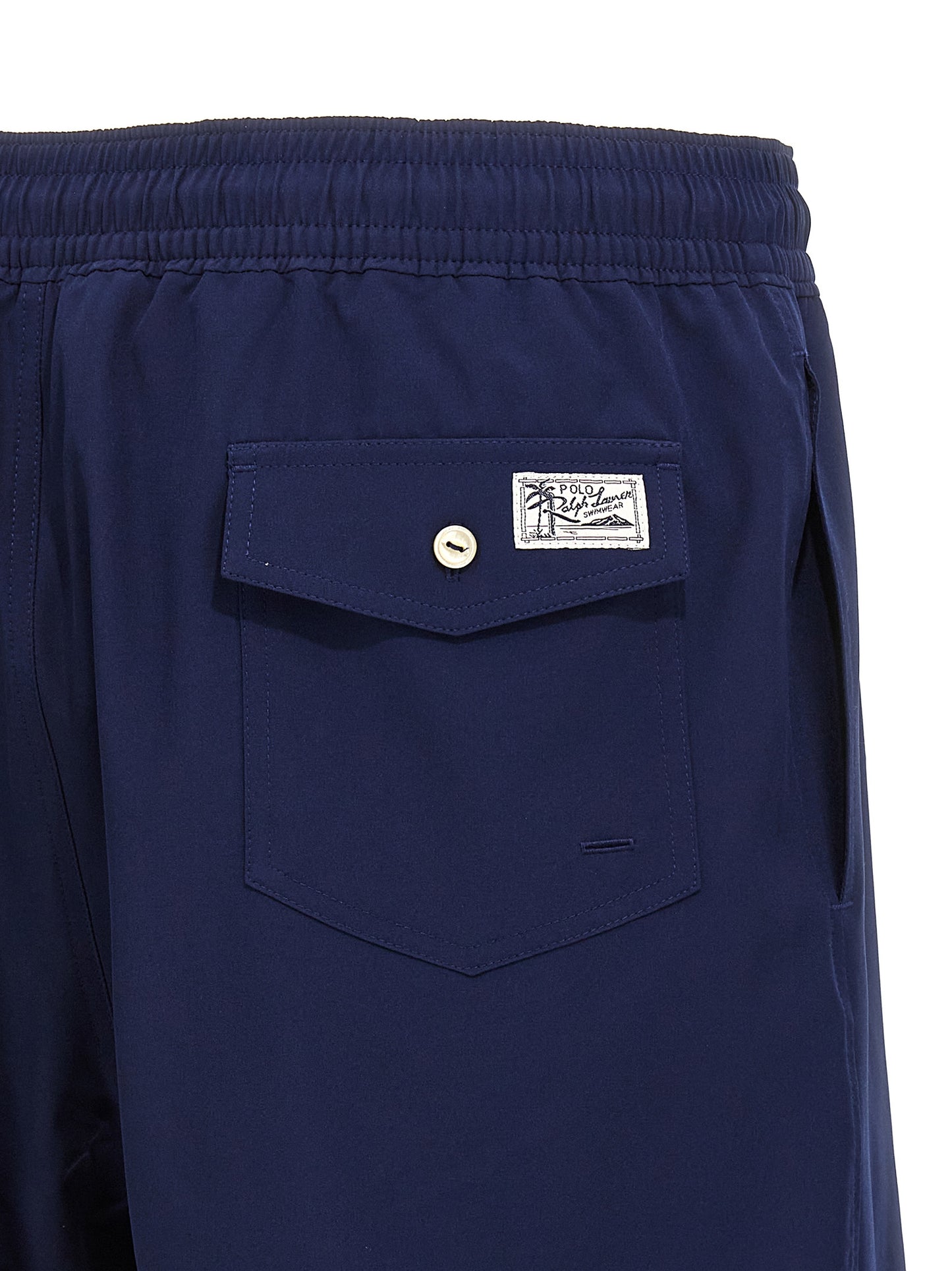Swim Shorts by Polo Ralph Lauren for men in stretch polyester mesh blue features a riviera-ready silhouette, showcasing the Waves Men's Stretch Polyester Mesh Swim Shorts design for a premium look.