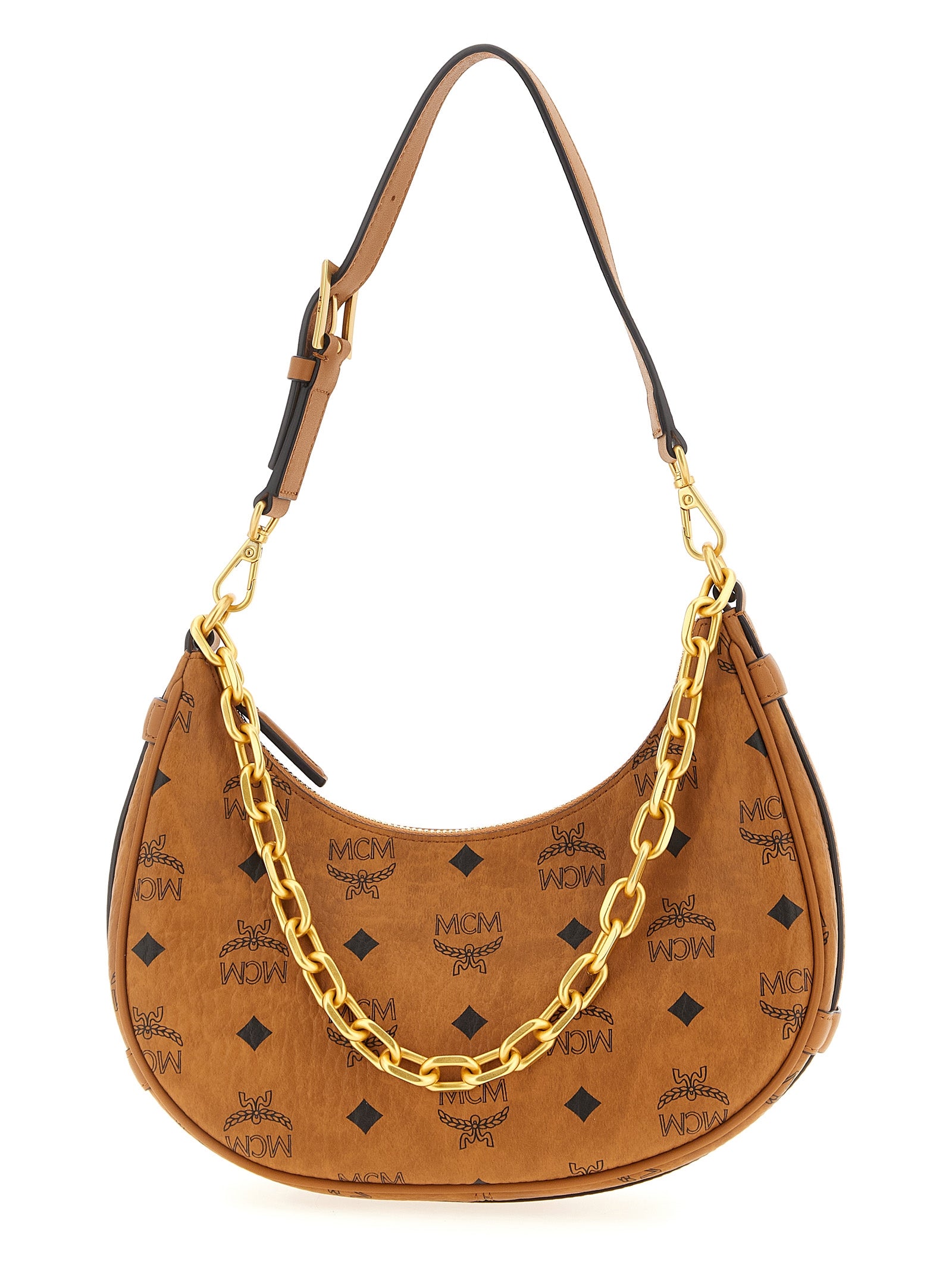 Mini Evening Crescent Shoulder Bag by MCM for women in poly cotton canvas brown & monogram features a enviable silhouette, showcasing a secure zipper, ample , and enviable shoulder-strap, adjustable-strap & handle for a enviable finish.
