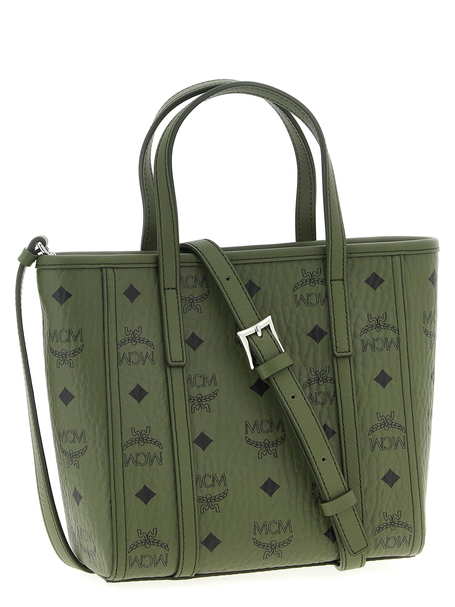 Mini Shopper Tote Bag by MCM for women in poly cotton canvas bicolour, green & monogram features a urban sophisticate Icon Visetos Poly Cotton Canvas Mini Shopper Tote Bag design with a secure zipper, ample , and versatile shoulder-strap, adjustable-strap & handle for a urban sophisticate finish.