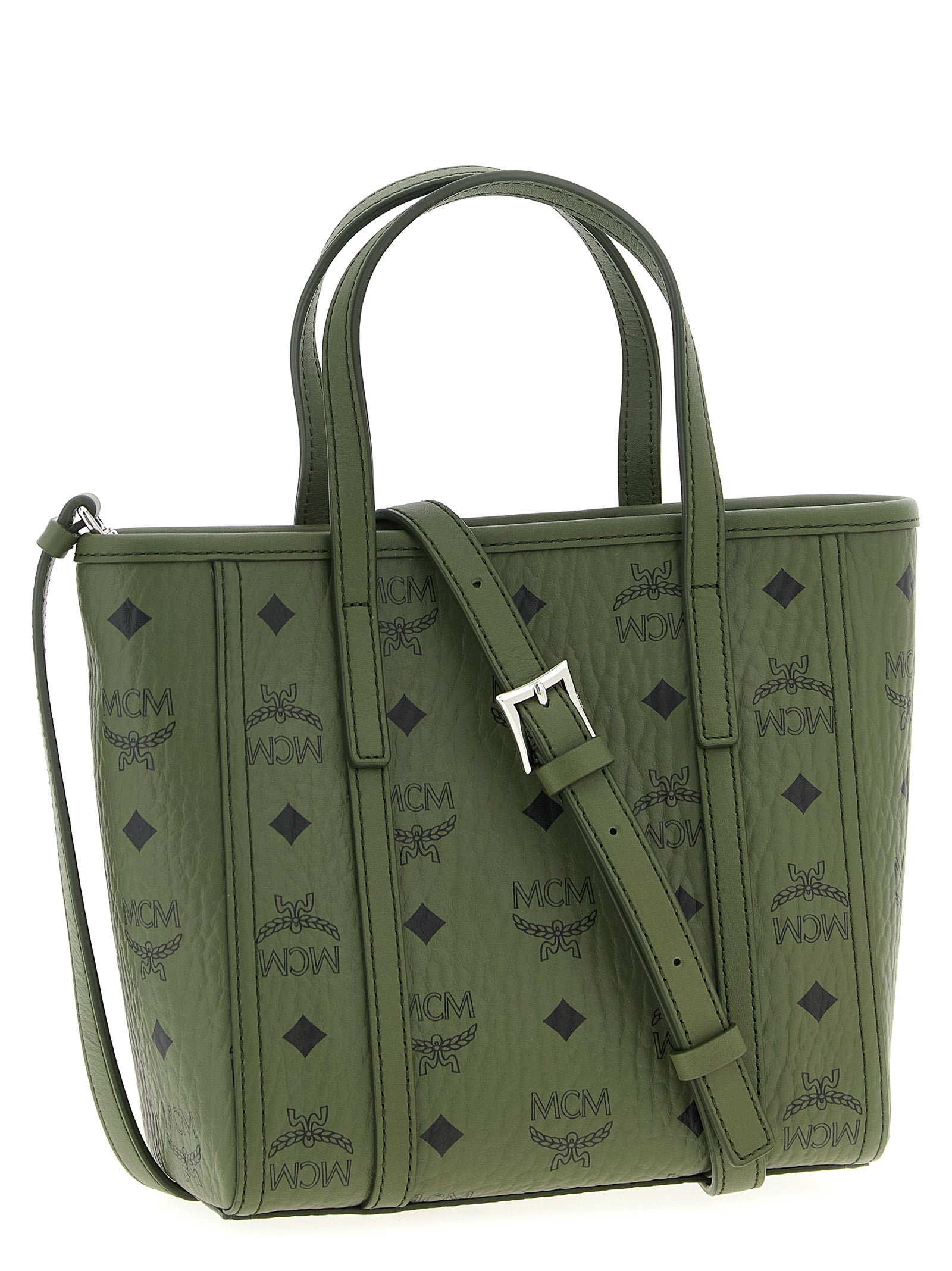 Mini Shopper Tote Bag by MCM for women in poly cotton canvas bicolour, green & monogram features a urban sophisticate Icon Visetos Poly Cotton Canvas Mini Shopper Tote Bag design with a secure zipper, ample , and versatile shoulder-strap, adjustable-strap & handle for a urban sophisticate finish.