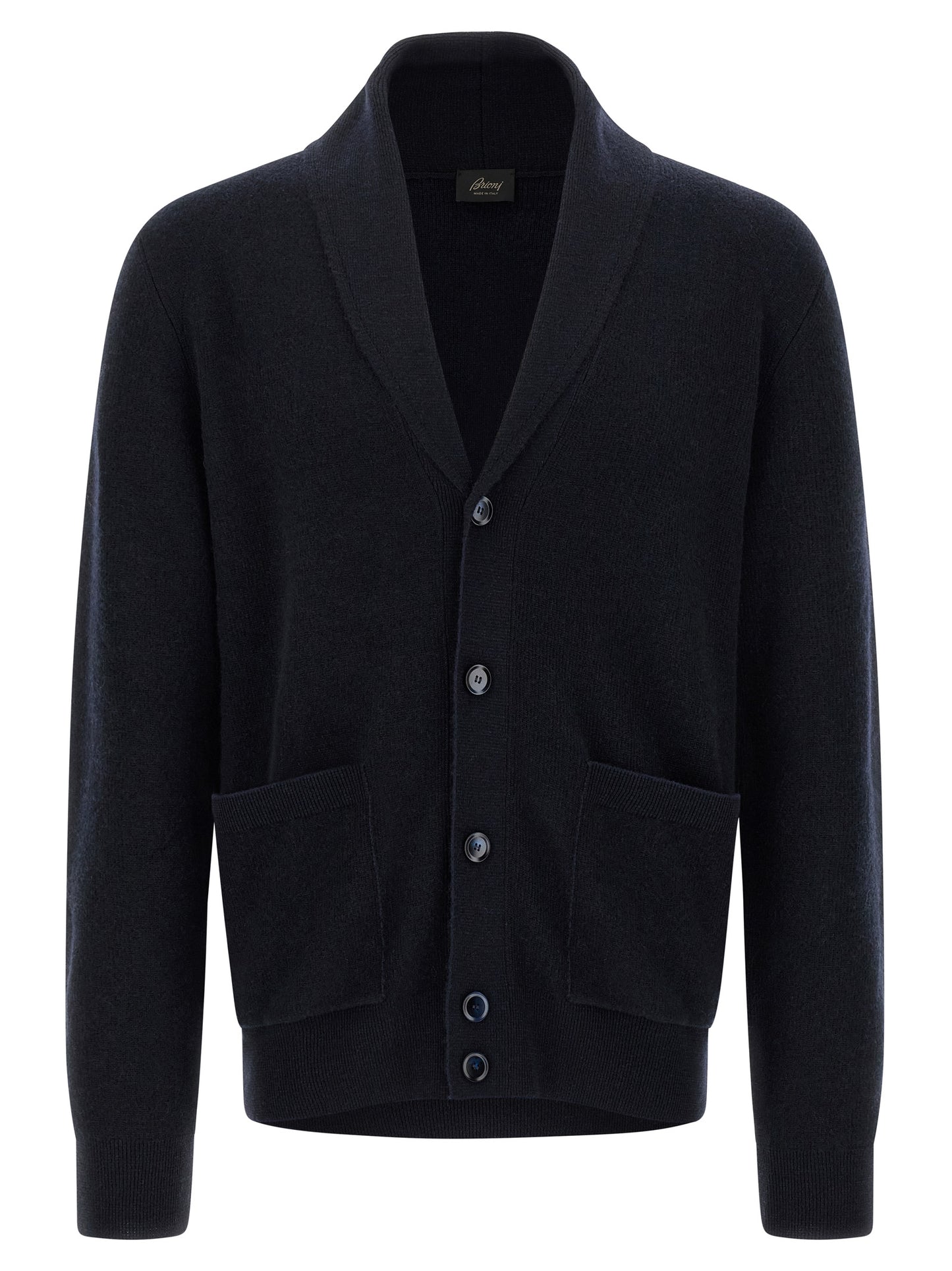 Cardigan by Brioni for men in cashmere blue features a nuanced silhouette with a refined shawl-collar neckline and nuanced detailing for a sophisticated look.