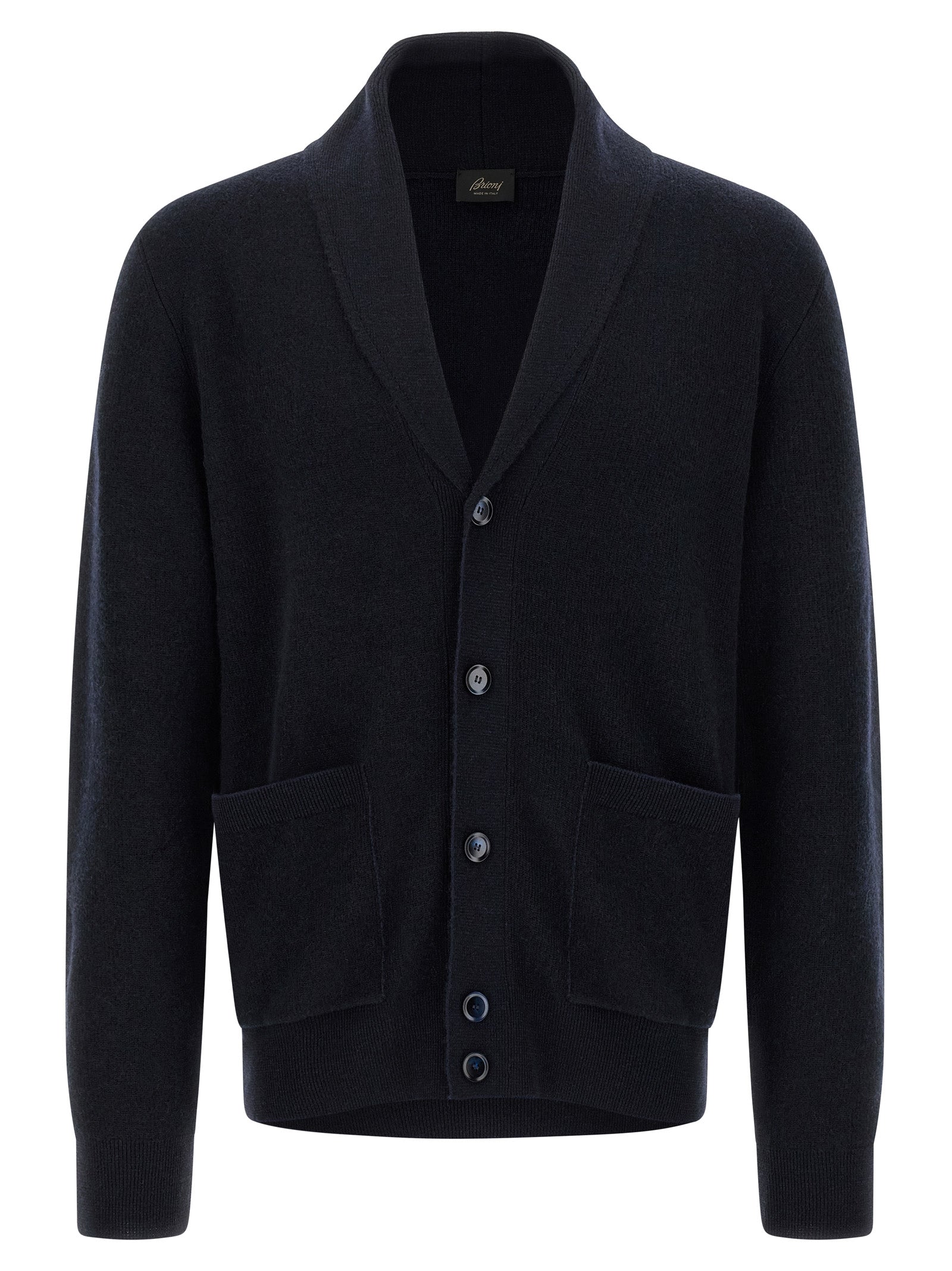 Cardigan by Brioni for men in cashmere blue features a nuanced silhouette with a refined shawl-collar neckline and nuanced detailing for a sophisticated look.