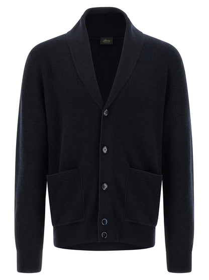 Cardigan by Brioni for men in cashmere blue features a nuanced silhouette with a refined shawl-collar neckline and nuanced detailing for a sophisticated look.