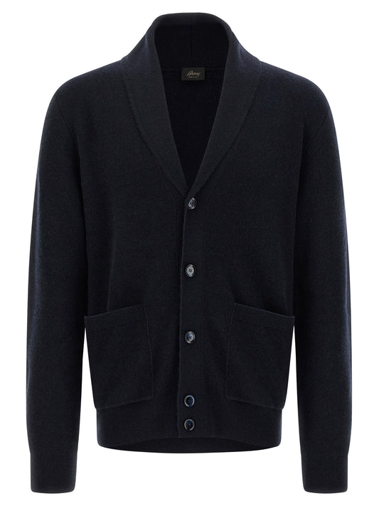 Cardigan by Brioni for men in cashmere blue features a nuanced silhouette with a refined shawl-collar neckline and nuanced detailing for a sophisticated look.
