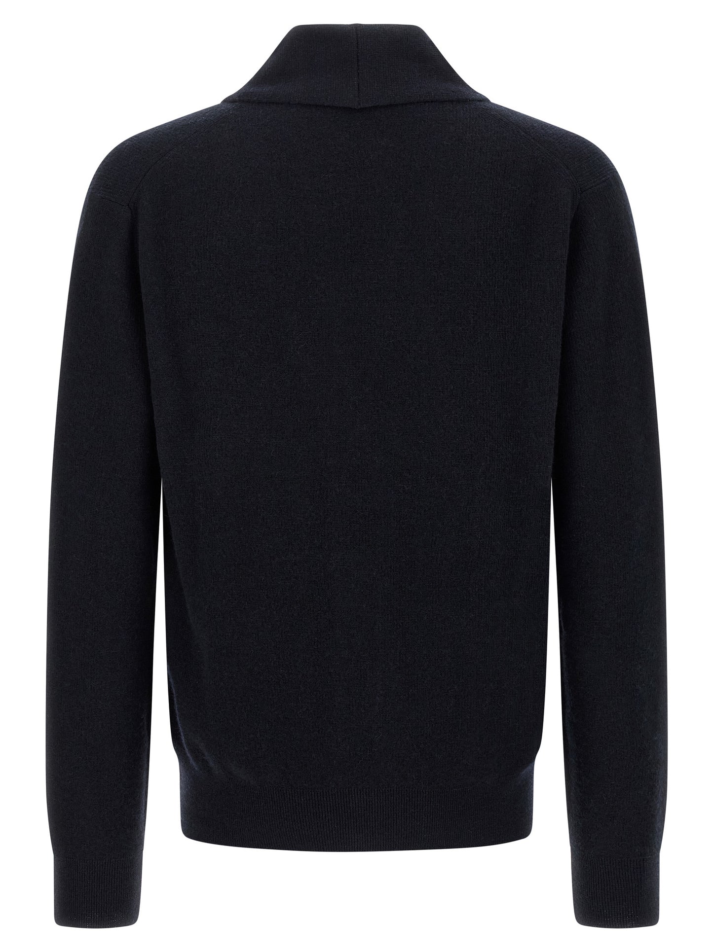 Cardigan by Brioni for men in cashmere blue presents a textural silhouette, artfully finished with a textural shawl-collar neckline and for a sophisticated, textural look.