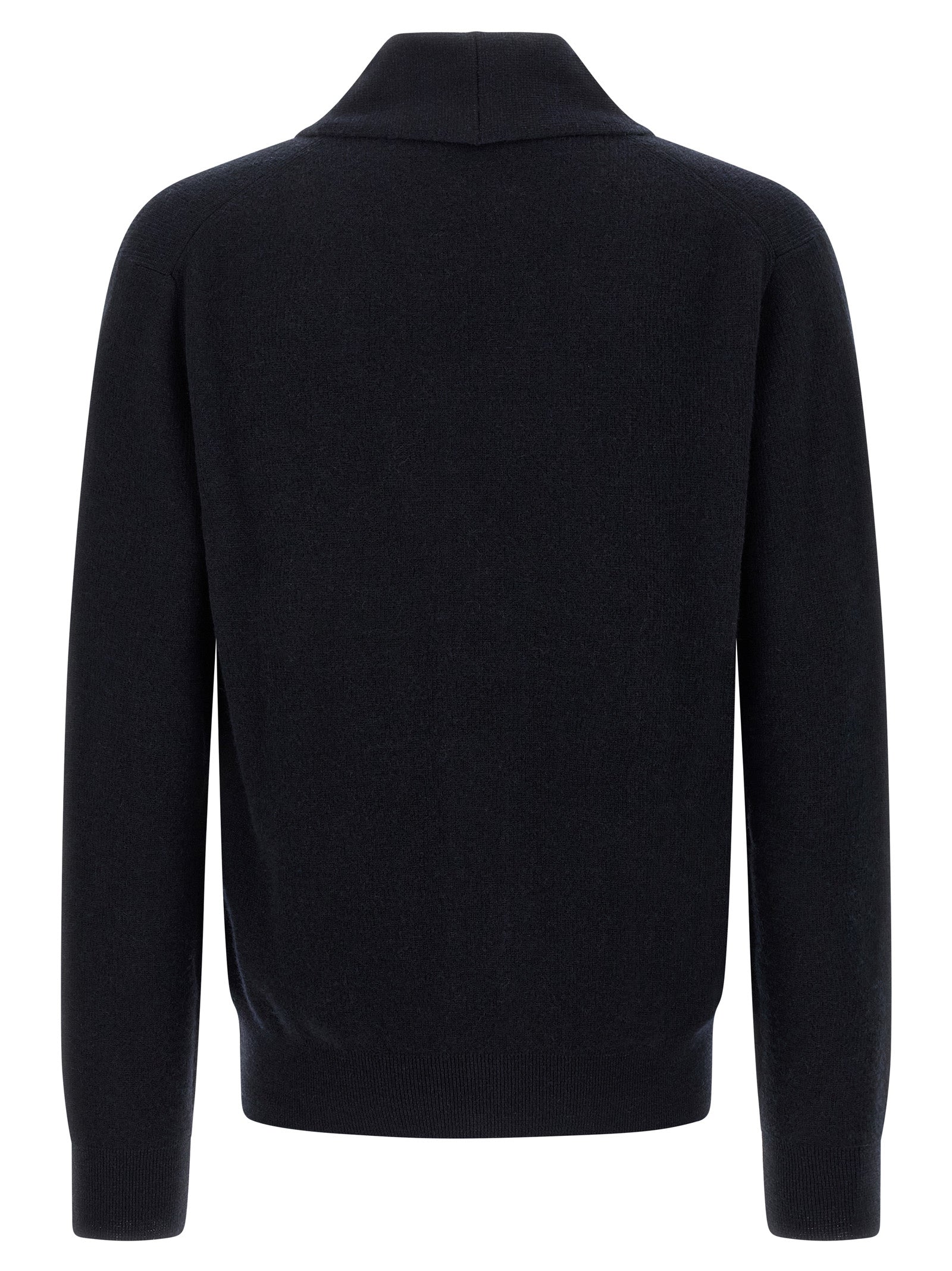 Cardigan by Brioni for men in cashmere blue presents a textural silhouette, artfully finished with a textural shawl-collar neckline and for a sophisticated, textural look.