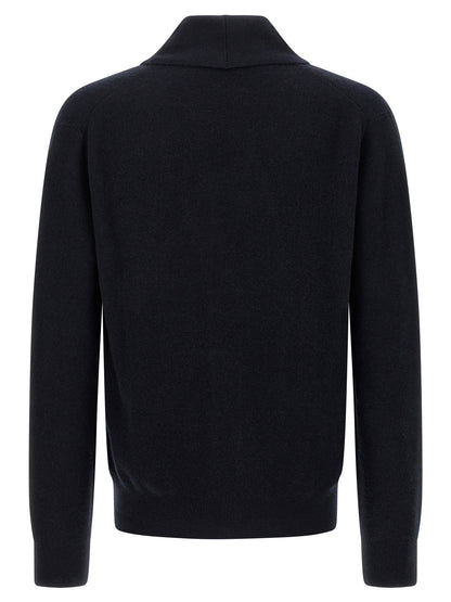 Cardigan by Brioni for men in cashmere blue presents a textural silhouette, artfully finished with a textural shawl-collar neckline and for a sophisticated, textural look.